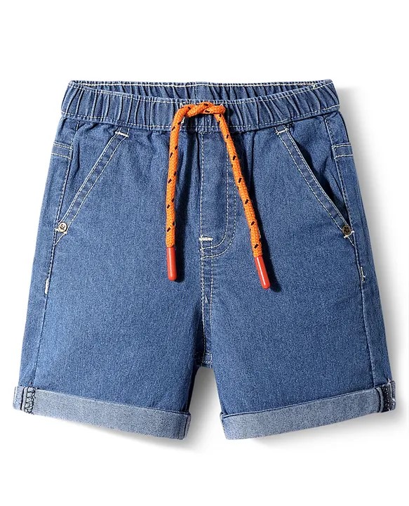 Babyhug Denim Mid Thigh Washed Shorts With Stretch - Blue